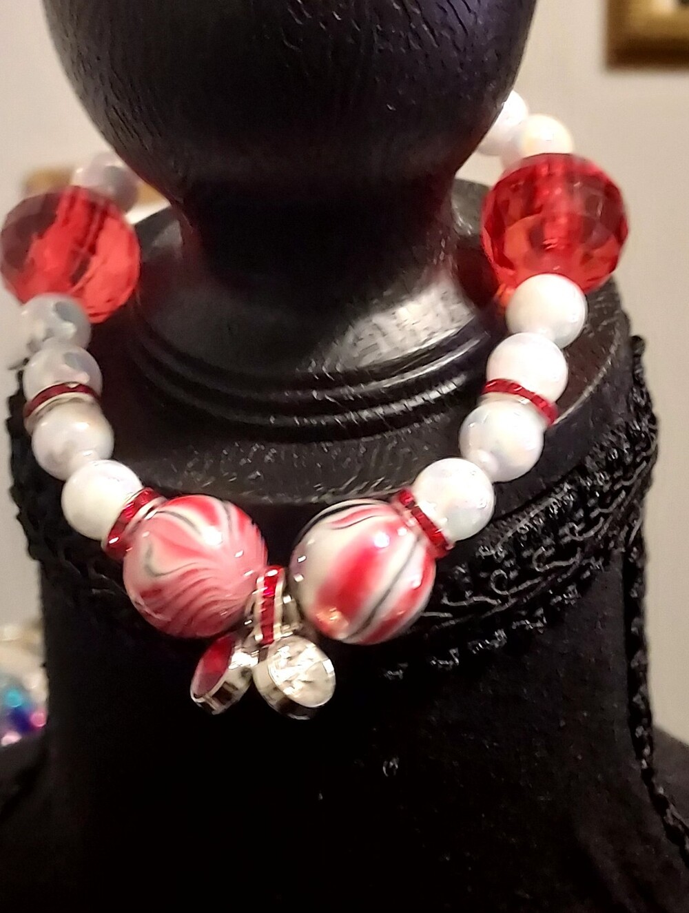 Handcrafted Red and White Beaded Bracelet with Charm